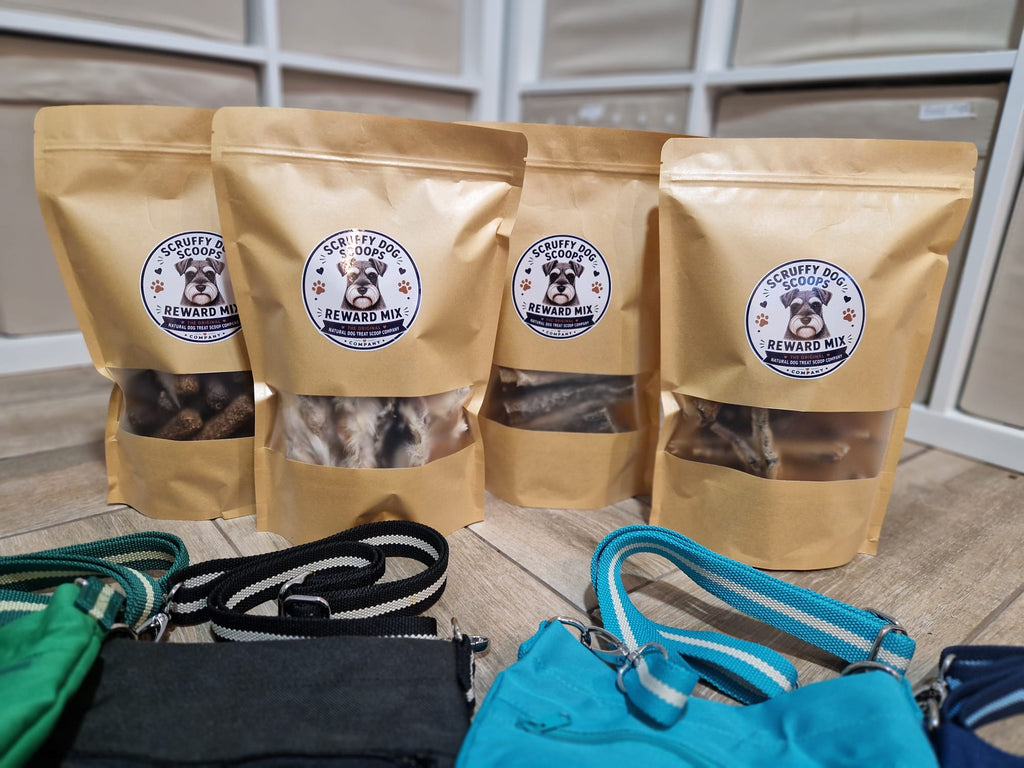4 X REWARD MIX  & PERSONALISED BREED TREAT BAG  - Scruffy Dog Scoops –  Natural Dog Treat