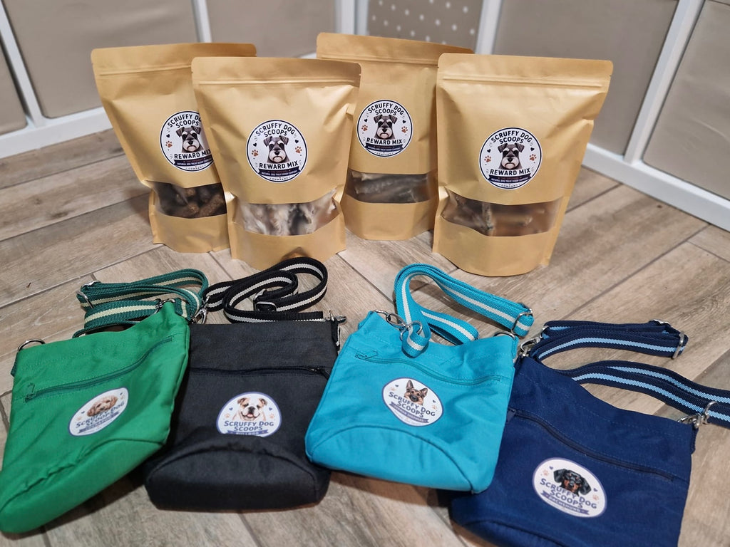4 X REWARD MIX  & PERSONALISED BREED TREAT BAG  - Scruffy Dog Scoops –  Natural Dog Treat