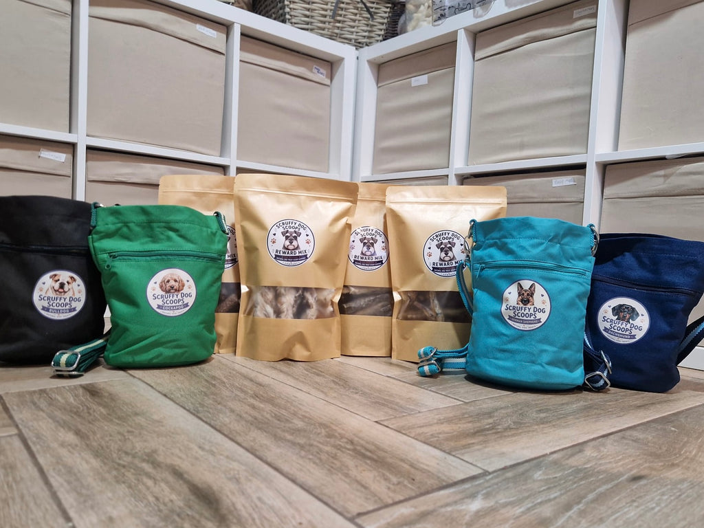 4 X REWARD MIX  & PERSONALISED BREED TREAT BAG  - Scruffy Dog Scoops –  Natural Dog Treat